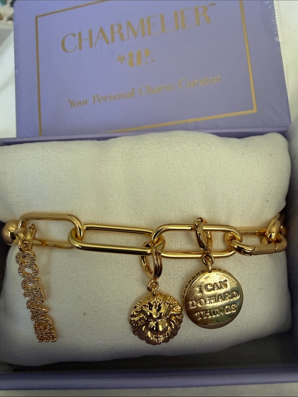 BP Gold Plated Link Bracelet with Inspirational and Lion Charms